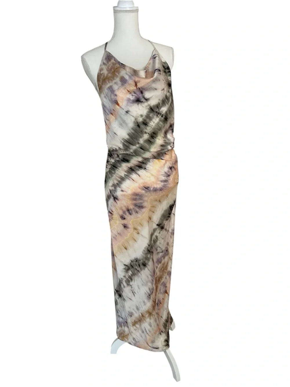 zara tie dye silk dress Silky Round Neck Cap Sleeve Tie Dye Printed Satin Midi Dress